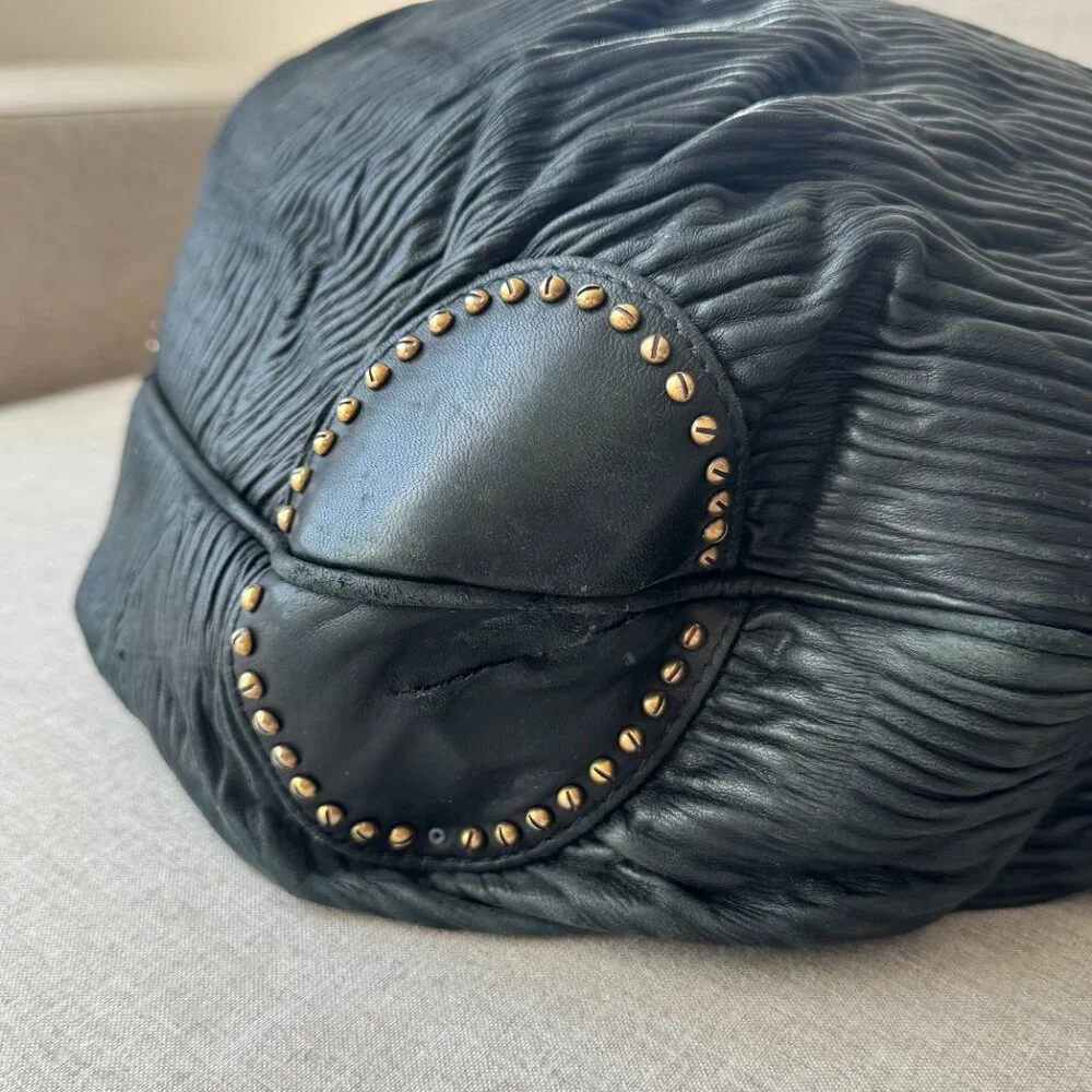 Burberry Prorsum Black Leather Crinkle Texture Large Tote Shoulder Hobo Bag Gold
